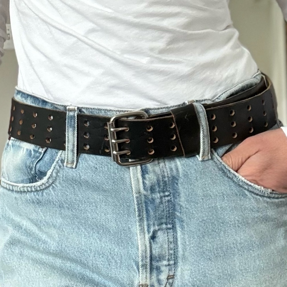 Black Perforated Leather Belt Triple Prong Buckle